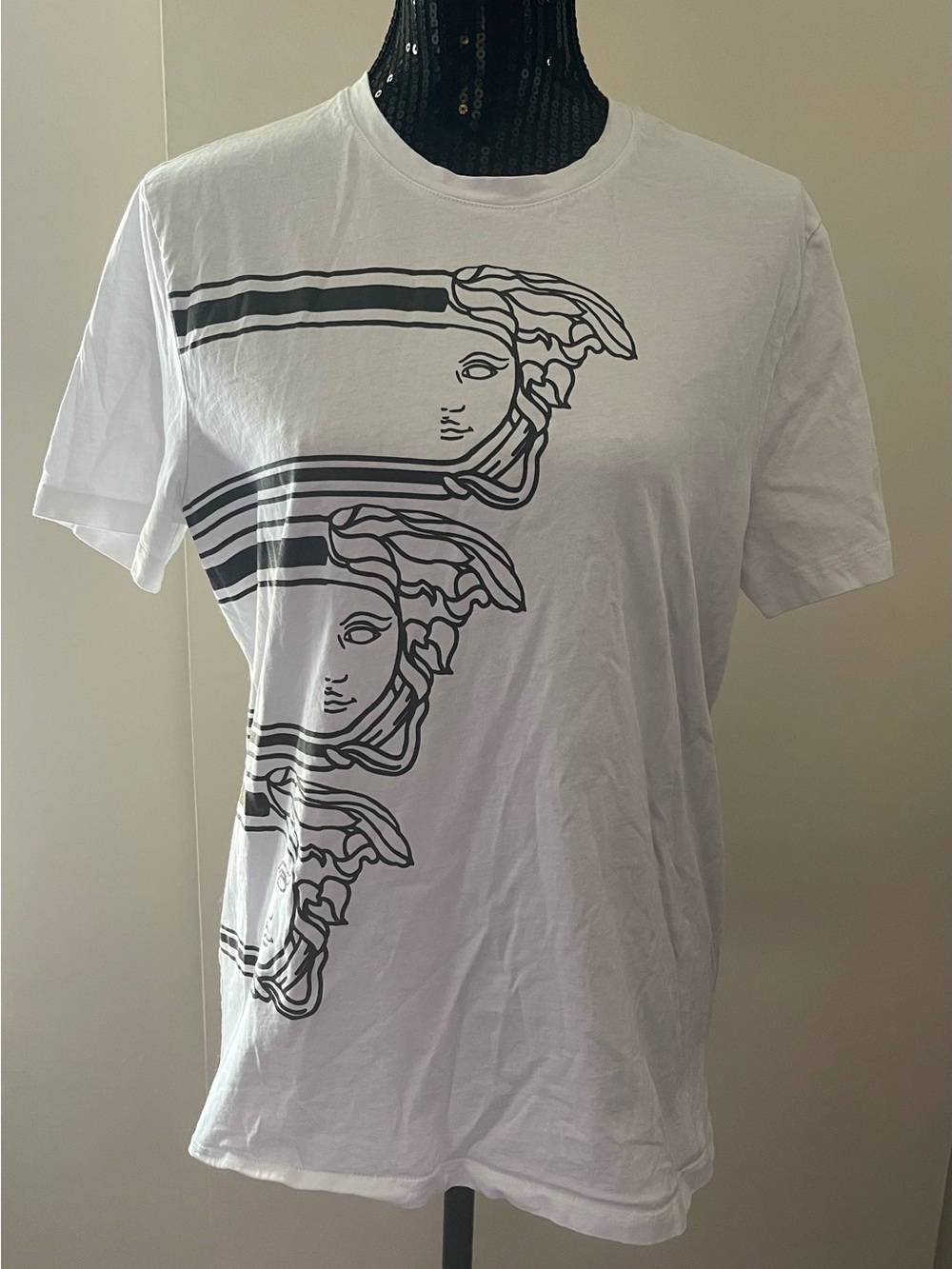Versace Collection White Tee with Black Repeating Medusa Print Size Large